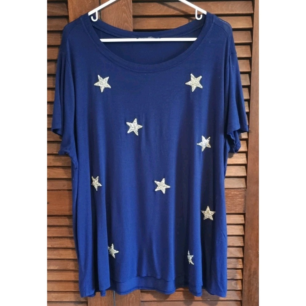 Knapp Studio Top Women's Sz 3X Navy Blue T Shirt With Raised Gold Sequin Stars
